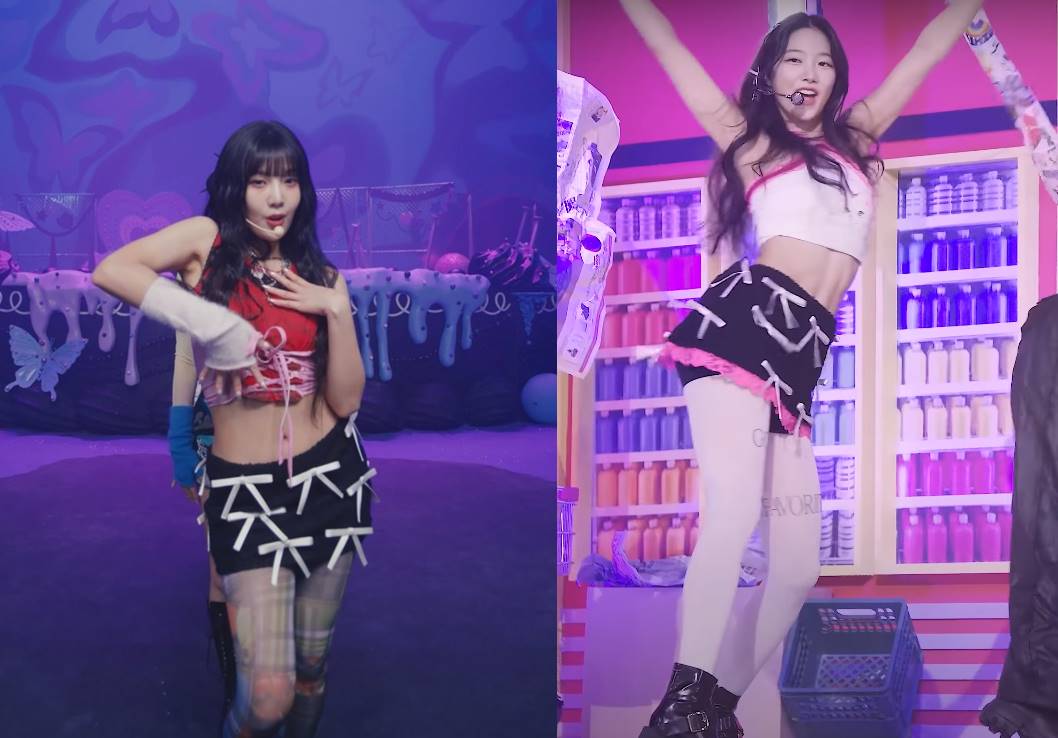 Joy Red Velvet dan Kazuha LE SSERAFIM pakai rok mini sama
