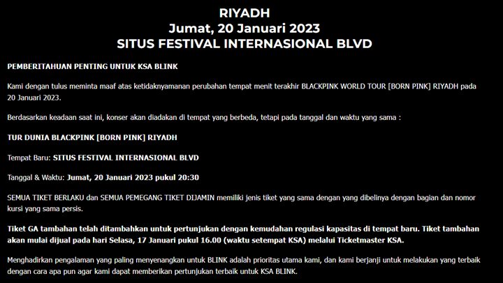 H-7, Konser BLACKPINK di Riyadh Mendadak Pindah Lokasi