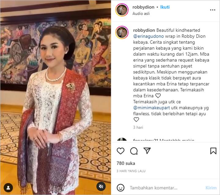 Tampil Memesona, Erina Gudono Ternyata Pakai Kebaya Model Klasik yang Dibuat Kurang dari 12 Jam
