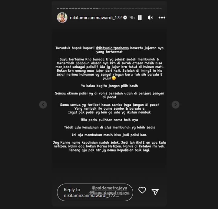 Nikita Mirzani Ngegas Lagi Soal Nasib Bharada E Sampai Senggol Kapolri