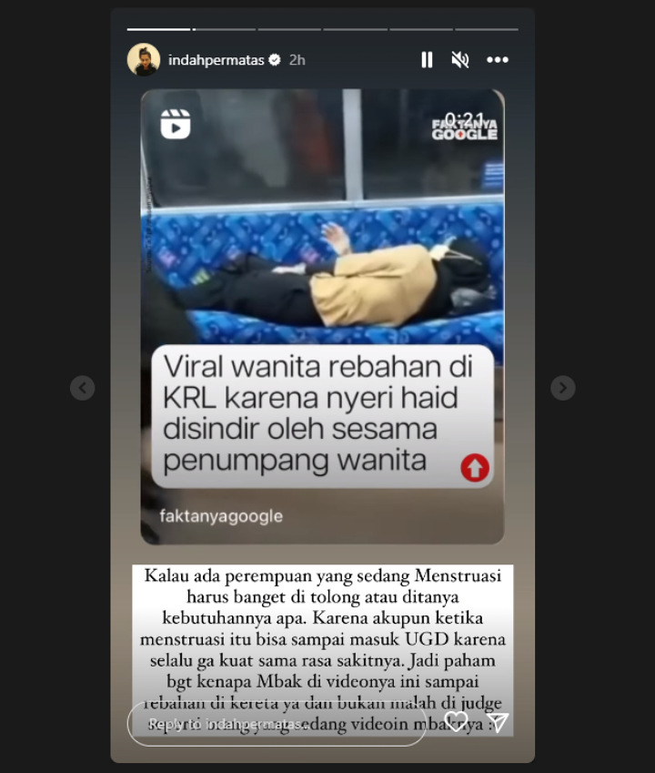 Indah Permatasari Bela Perempuan yang Rebahan di KRL Karena Nyeri Haid
