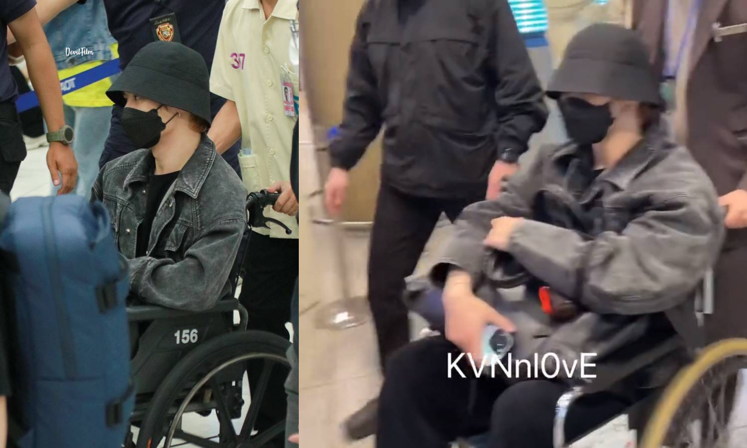 Kun NCT/WayV muncul dengan didorong memakai kursi roda di bandara