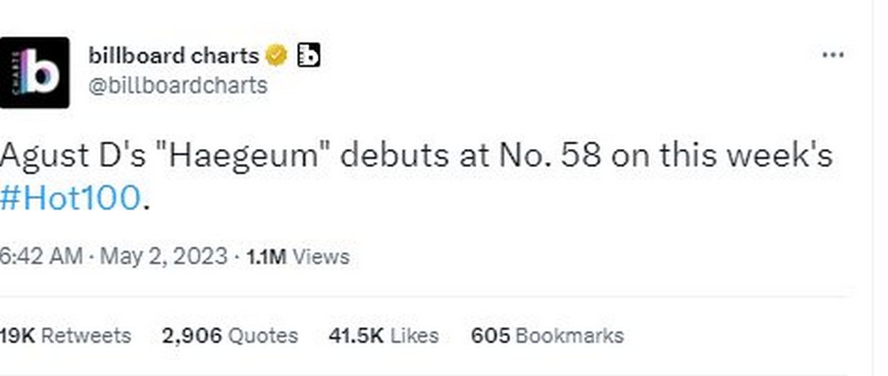 \'Haegeum\' Suga BTS Debut Di Bawah 50 Besar Billboard HOT 100, Fans Sebut Sudah Melebihi Ekspektasi