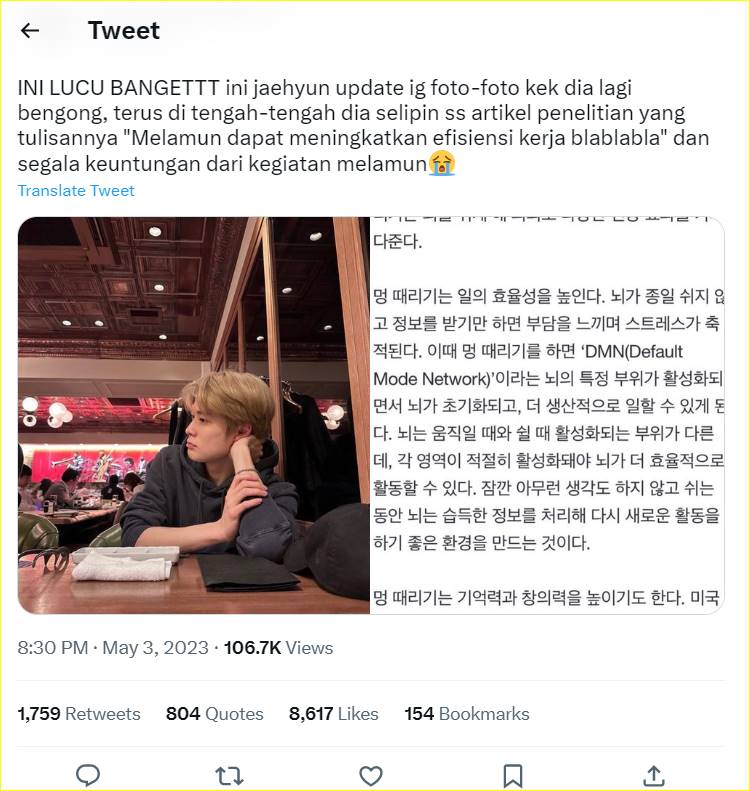 Jaehyun NCT menunjukkan penelitian manfaat melamun