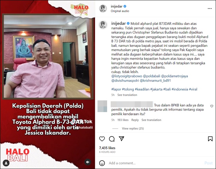 Jessica Iskandar Pertanyakan Respons Polda Bali Soal Penahanan Mobilnya