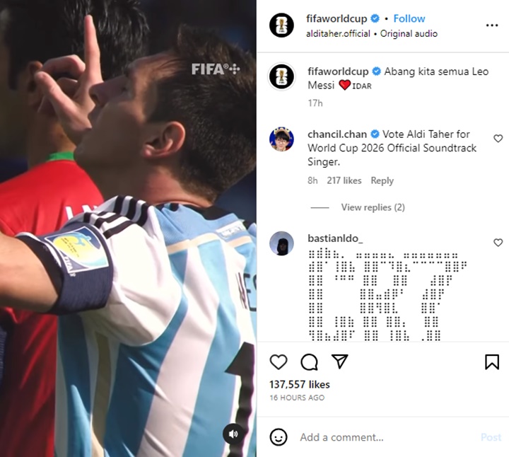 Lagu Ciptaan Aldi Taher Untuk Messi Debut di Akun IG Resmi FIFA Tuai Kehebohan