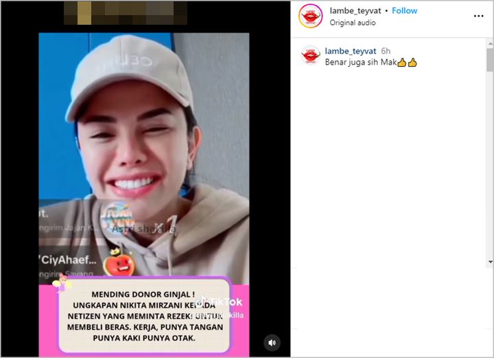 Saran Nikita Mirzani Usai Dicurhat Netizen yang Minta Rezeki untuk Beli Beras Ramai Disorot
