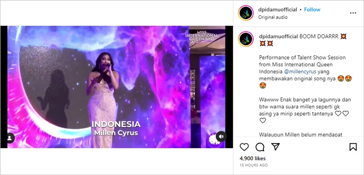 Millen Cyrus Banjir Pujian Saat Perform Bawakan Lagu Sendiri di Miss International Queen