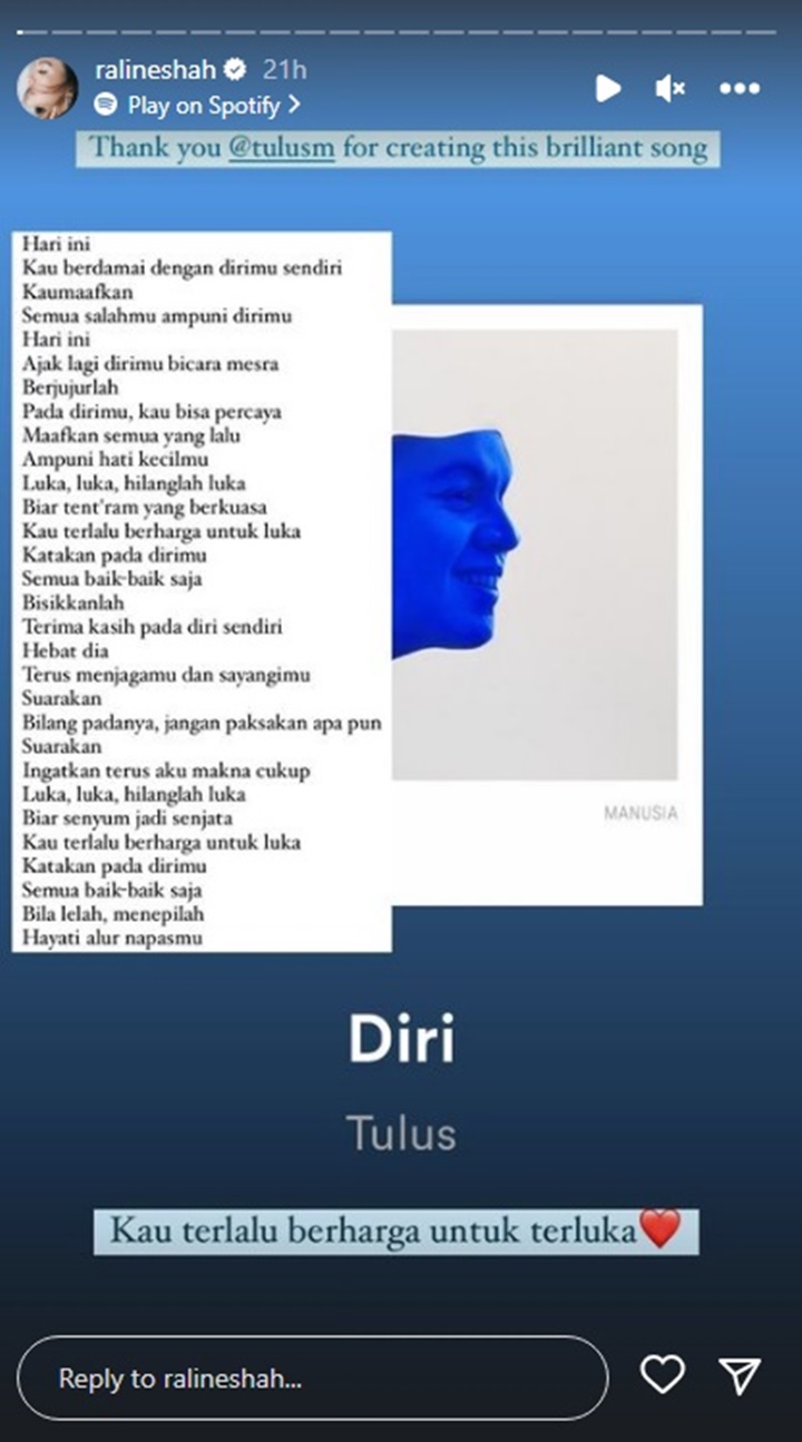 Raline Shah Mendadak Posting Ucapan Terima Kasih Untuk Tulus