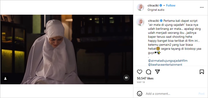 Citra Kirana Berderai Air Mata Lihat Aktingnya Sendiri di Film Terbaru