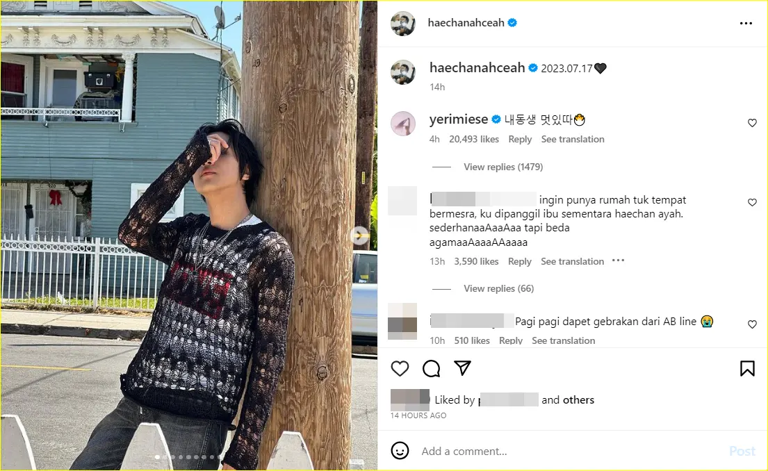 Yeri Red Velvet mengomentari unggahan Haechan NCT