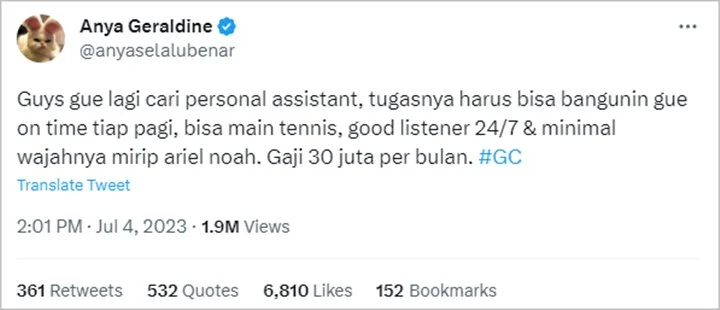 Buka Loker Aspri dengan Iming-iming Gaji Rp 30 Juta, Anya Geraldine: Minimal Mirip Ariel NOAH