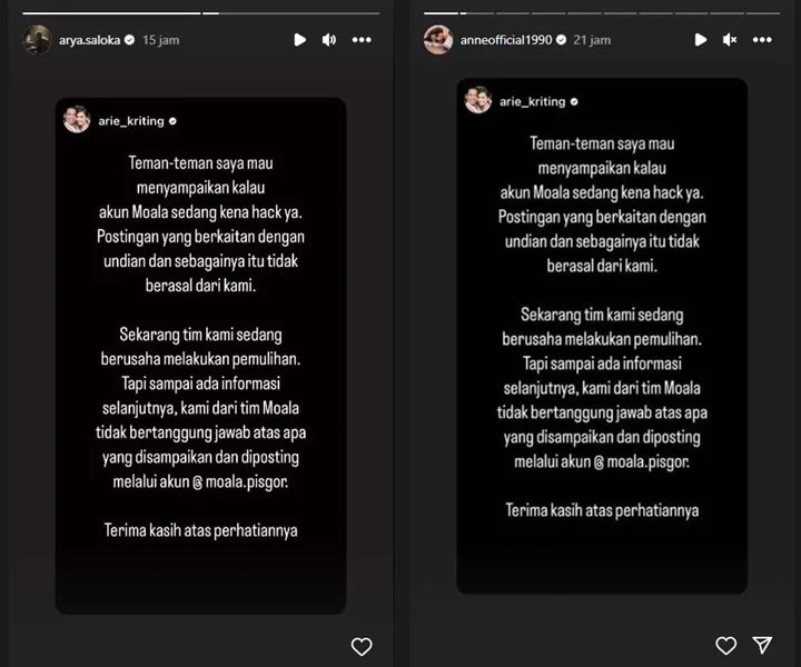 Arya Saloka dan Putri Anne Kompak Bagikan Postingan Sama