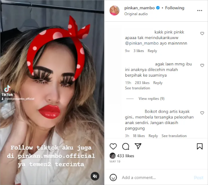Instagram Pinkan Mambo Digeruduk Usai Diduga Lebih Bela Suami yang Lecehkan Putrinya