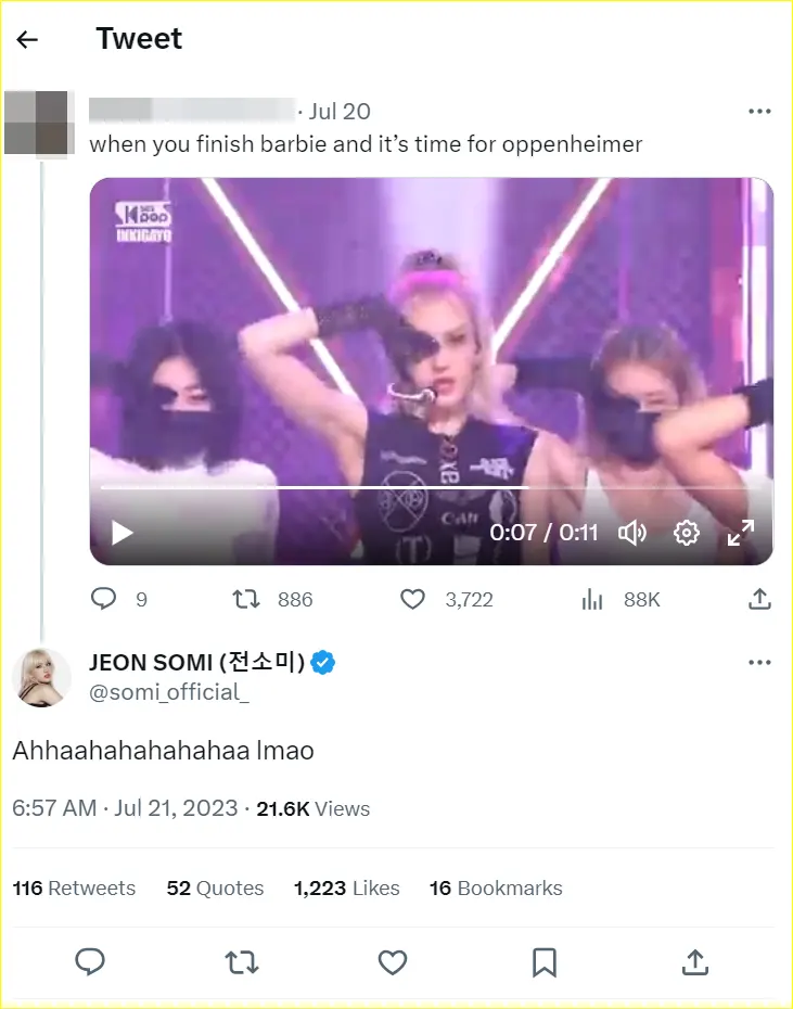 Jeon Somi menyoroti cuitan pengemar di Twitter
