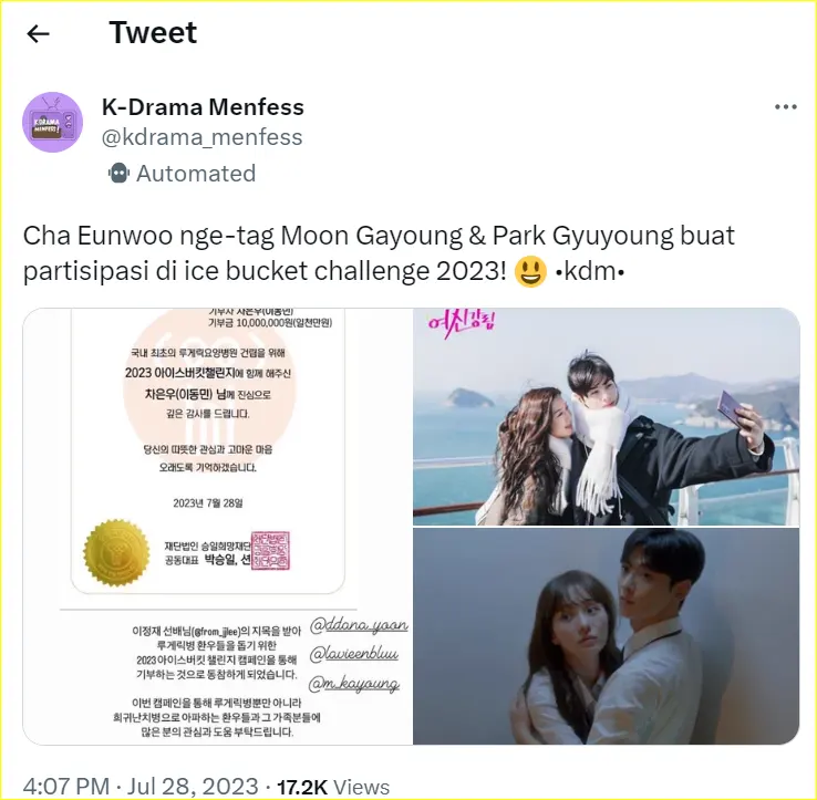 Cha Eun Woo ASTRO menantang Moon Ga Young dan Park Gyu Young untuk Ice Bucket Challenge dibicarakan