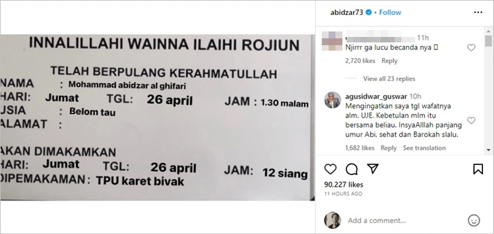 Abidzar Al Ghifari Bak Ramal Kematiannya Sendiri, Netter: Gak Lucu Bercandanya