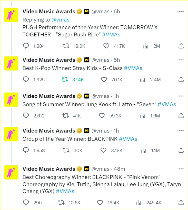 para idol K-Pop yang menang di ajang MTV VMAs 2023