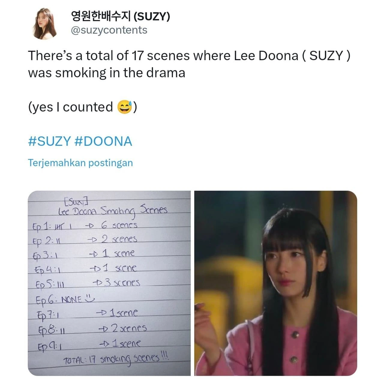 OP Iseng Hitung Adegan Merokok Suzy di \'Doona!\', Jumlahnya Mencengangkan