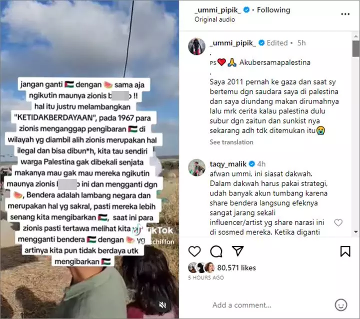 Umi Pipik Tuai Pro-Kontra Usai Bagikan Video Pembahasa Soal Bendera Palestina dan Simbol Semangka