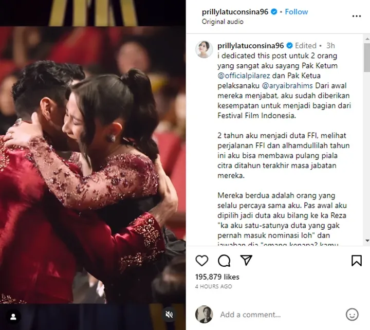 Prilly Latuconsina Buat Postingan Haru untuk Reza Rahadian Usai Raih Piala Citra