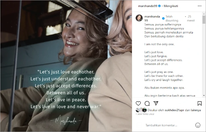 Marshanda Ajak Netter Saling Menghargai Usai Hapus Post Soal Ben Kasyafani