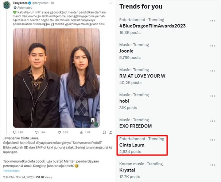 Cinta Laura Mendadak Trending Usai Dibandingkan dengan Maudy Ayunda