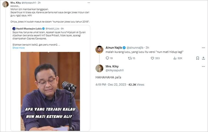 Kiky Saputri Tanggapi Guyonan Anies Baswedan Soal Huruf Hijaiyah