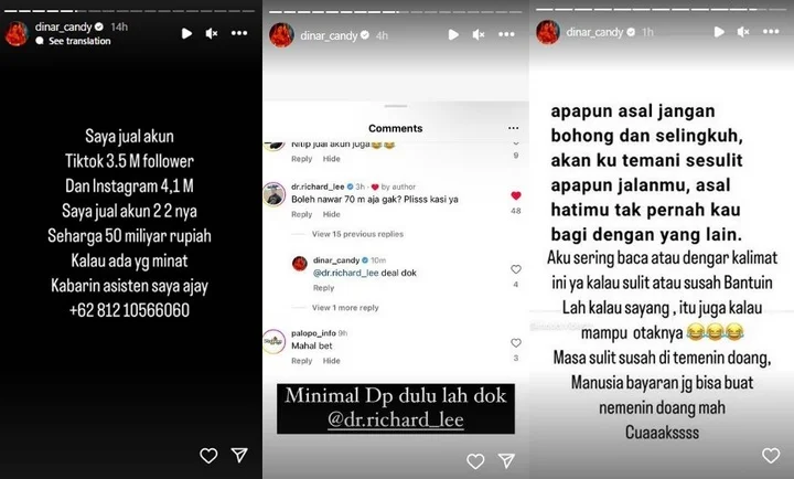 Dinar Candy Jual Akun Medsos Seharga Rp50 Miliar Ditawar Dokter Richard Lee Rp70 M