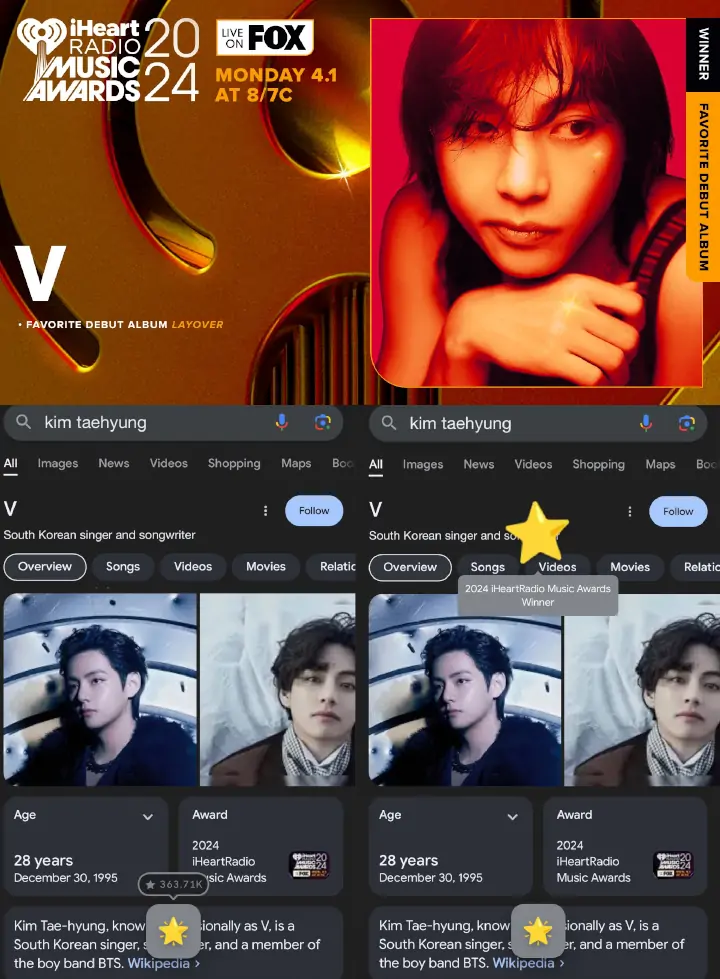 Kemenangan Perdana V BTS di iHeartRadio Music Awards 2024 Ikut Dirayakan Google