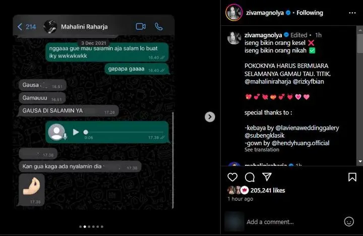 Chat Awal Ziva Magnolya Jadi Mak Comblang Mahalini dan Rizky Febian