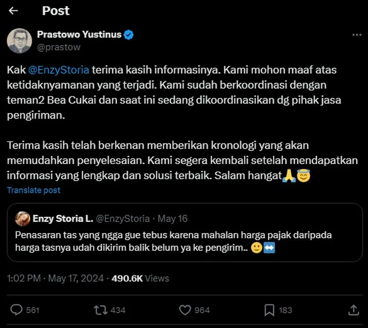 Enzy Storia Terima Respon Gercep Soal Bea Cukai