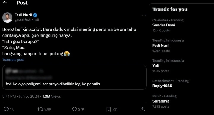 Fedi Nuril Mendadak Jadi Trending Topik di Lini Masa X Gara-Gara Cuitan Kocak