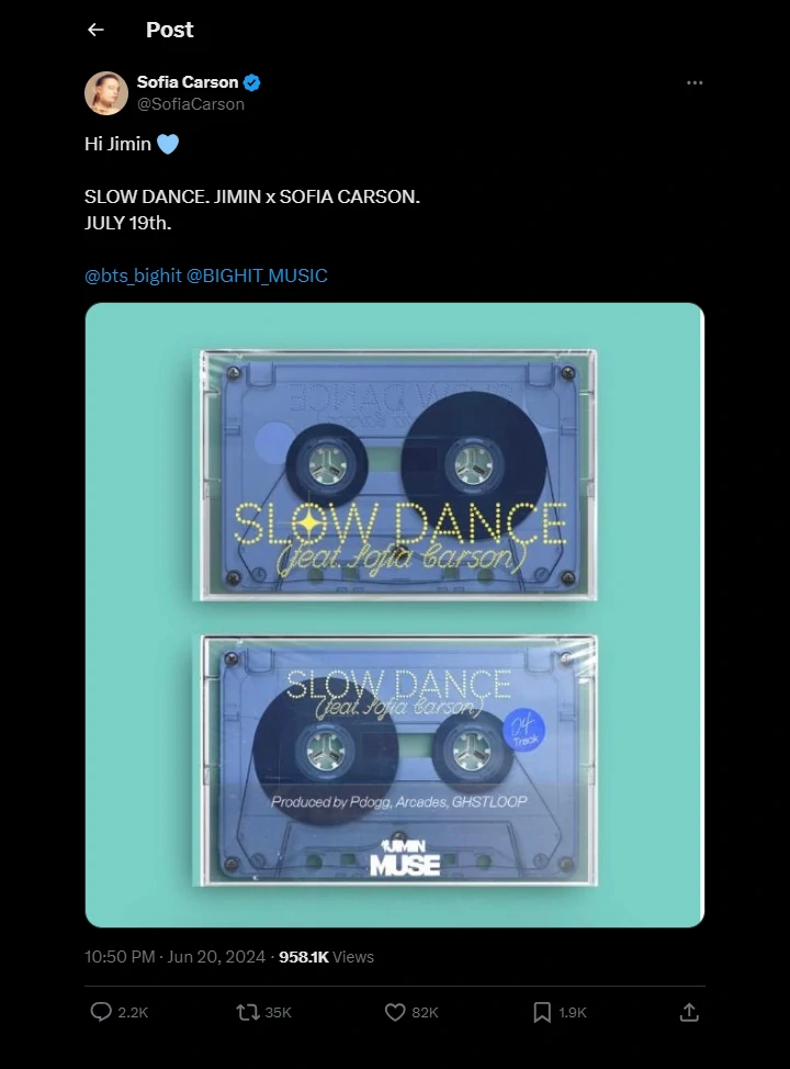 Kolaborasi Jimin BTS dan Sofia Carson di Album ‘MUSE’ Tuai Pro Kontra