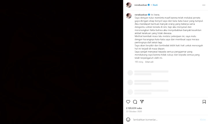 Irene Red Velvet Dipuji Gegara Belum Hapus Postingan Permintaan Maaf