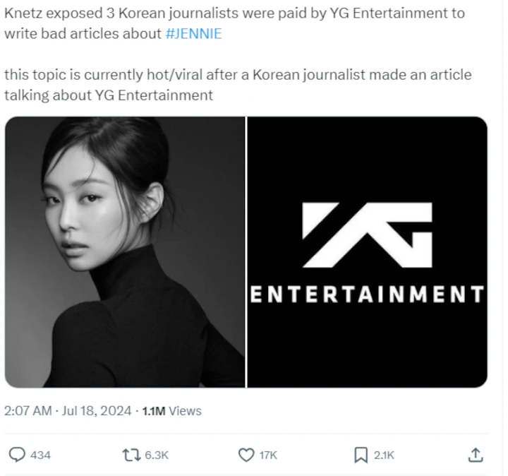 Jennie BLACKPINK Diduga Jadi Korban Jurnalis Bayaran YG Entertainment