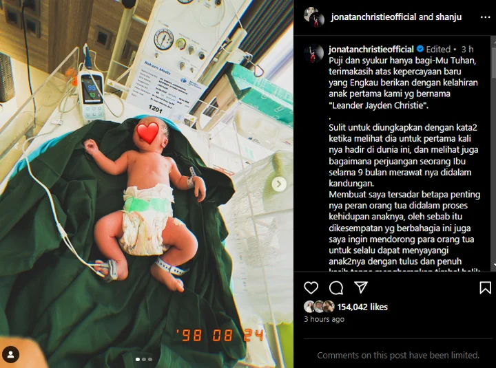 Jonatan Christie dan Shanju Eks JKT48 Dikaruniai Anak Pertama