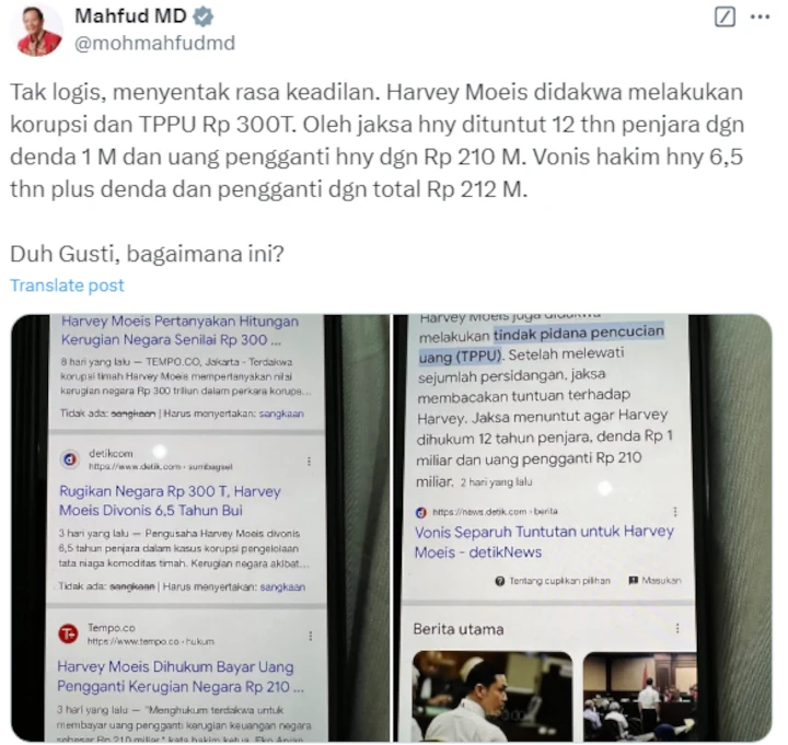 Vonis Hukuman Harvey Moeis Suami Sandra Dewi Dikritik Tak Logis oleh Mahfud MD