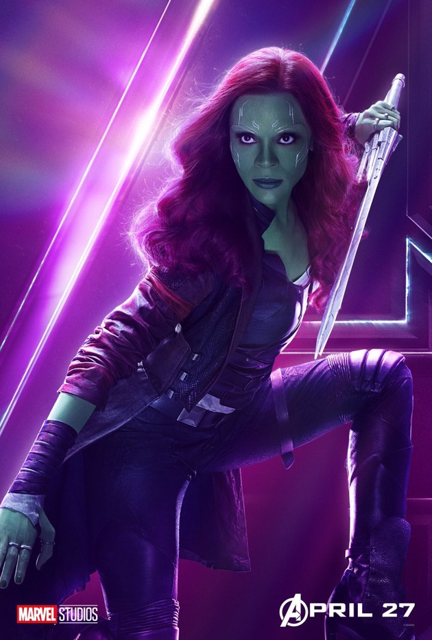 Gambar Foto Poster karakter Zoe Saldana sebagai Gamora di film 'Avengers: Infinity War'.