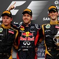 Kimi Raikkonen, Sebastian Vettel, Romain Grosjean dan Christian Horner di Podium